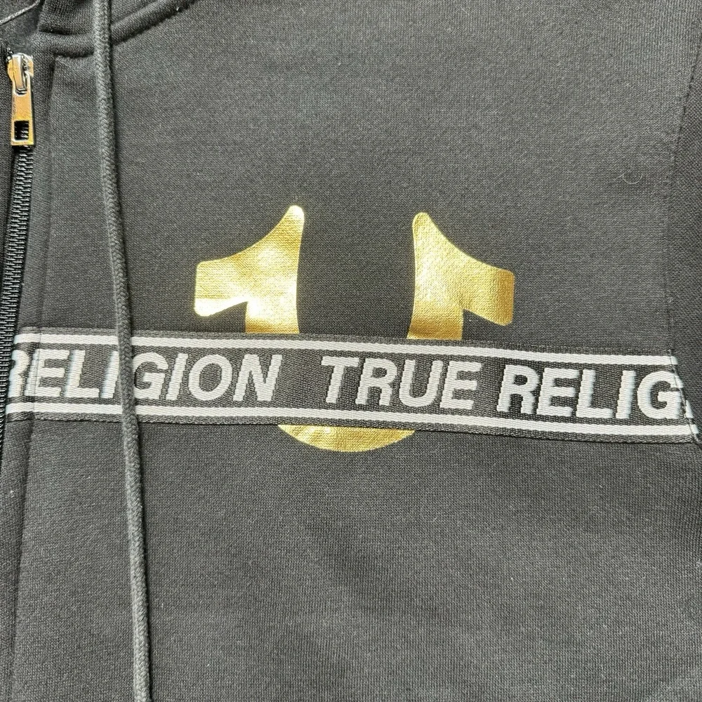 True Religion Full Zip Hoodie Mens XL Jet Black Foil Taping Gold Logo 700315 New